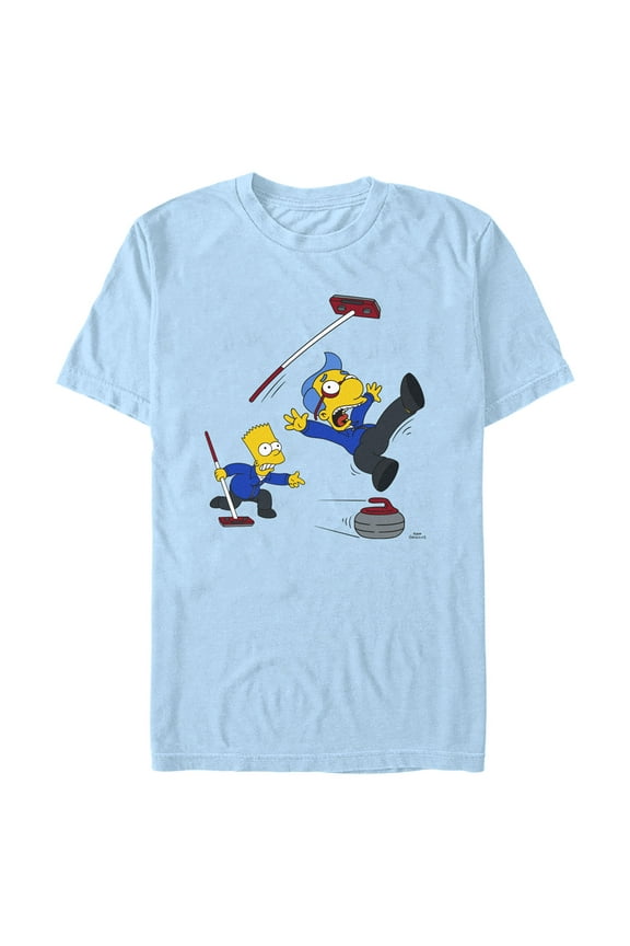 Men's The Simpsons Milhouse Bart Curling Team Graphic Tee Light Blue Large