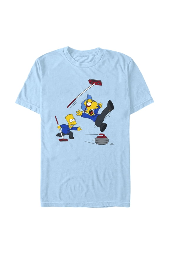 Men's The Simpsons Milhouse Bart Curling Team  Graphic Tee Light Blue Medium