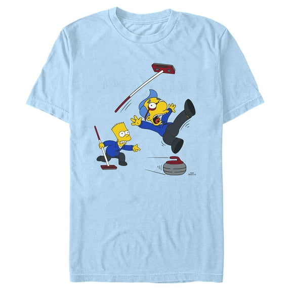 Men's The Simpsons Milhouse Bart Curling Team Graphic Tee Light Blue Small