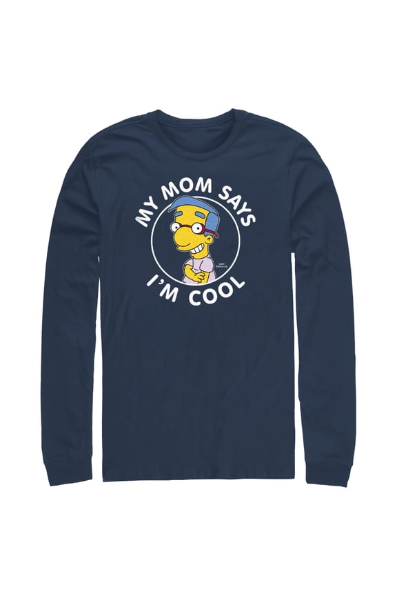 Men's The Simpsons Millhouse My Mom Says I'm Cool Long Sleeve Shirt Navy Blue Medium