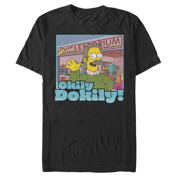 Men's The Simpsons Ned Flanders Leftorium Okily Dokily Graphic Tee Black 3X Large