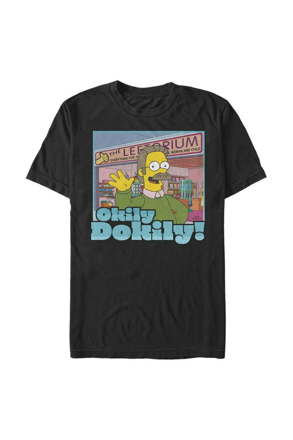 Men's The Simpsons Ned Flanders Leftorium Okily Dokily  Graphic Tee Black X Large