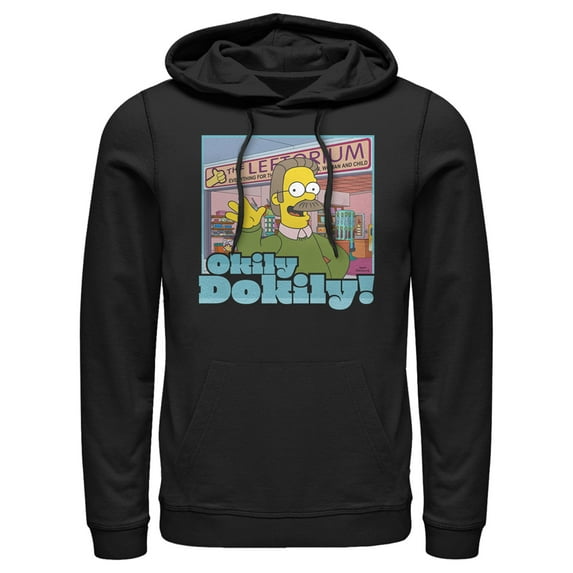 Men's The Simpsons Ned Flanders Leftorium Okily Dokily Pull Over Hoodie Black Small