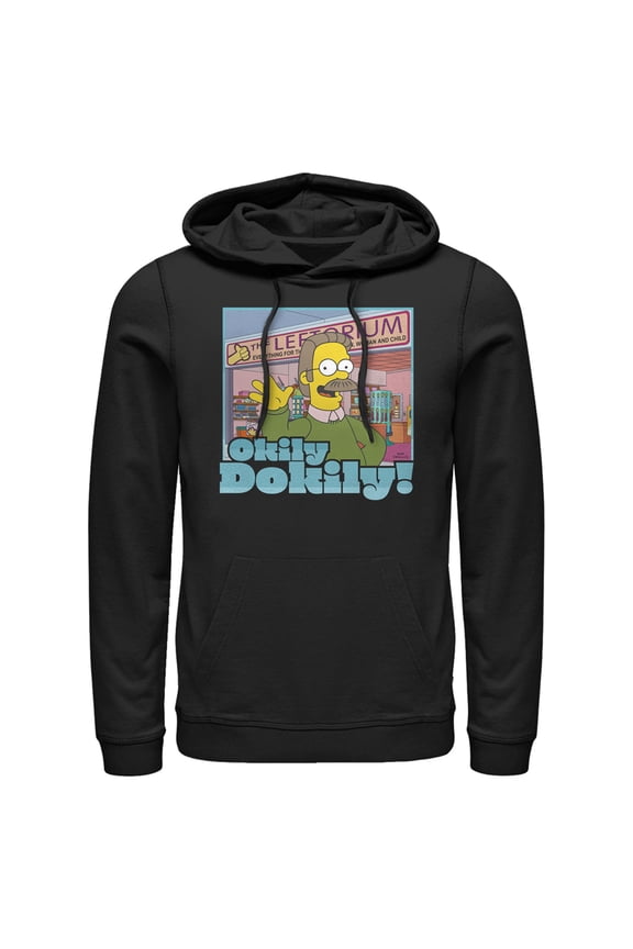 Men's The Simpsons Ned Flanders Leftorium Okily Dokily  Pull Over Hoodie Black X Large