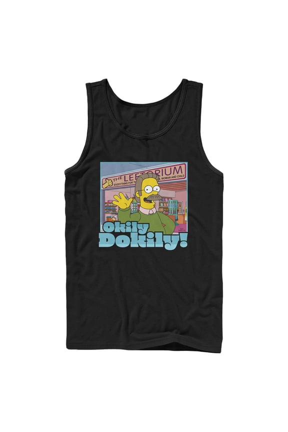 Men's The Simpsons Ned Flanders Leftorium Okily Dokily Tank Top Black Small