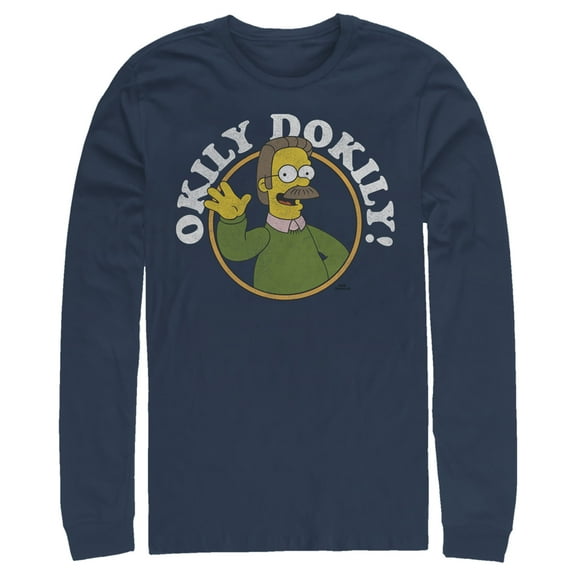 Men's The Simpsons Ned Flanders Okily Dokily  Long Sleeve Shirt Navy Blue Medium