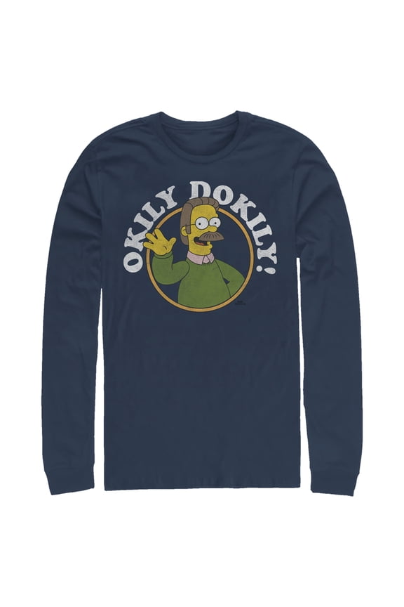 Men's The Simpsons Ned Flanders Okily Dokily Long Sleeve Shirt Navy Blue Medium