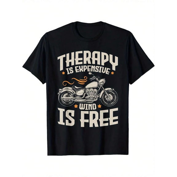 Men‘s “Therapy Can Be Costly But The Wind Is Free” Biker Graphic Short Sleeve Crew Neck T-Shirt, Breathable Regular Fit Adult Casual Tee for All-Season Motorcycle Enthusiasts