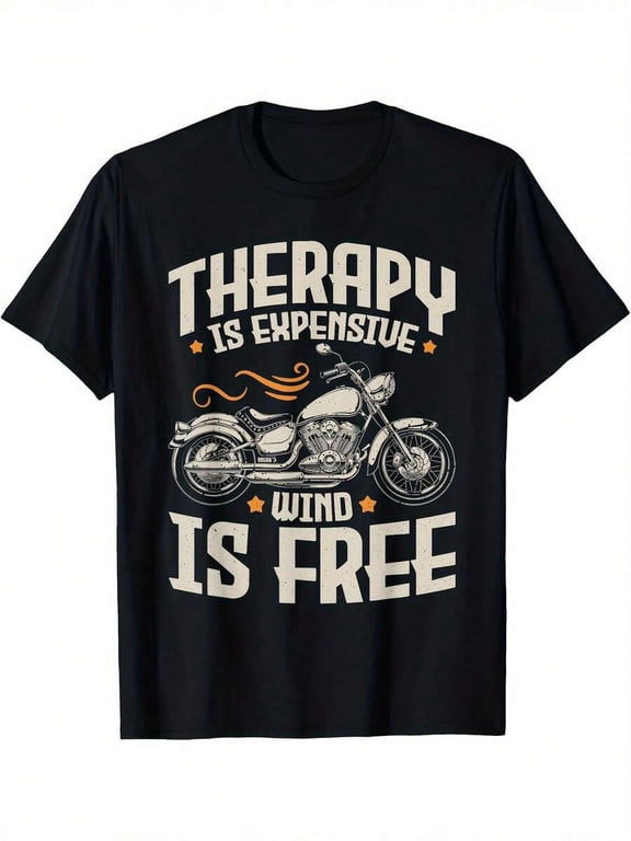 Men‘s “Therapy Can Be Costly But The Wind Is Free” Biker Graphic Short Sleeve Crew Neck T-Shirt, Breathable Regular Fit Adult Casual Tee for All-Season Motorcycle Enthusiasts