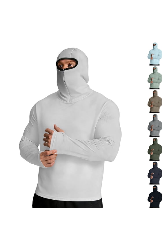 Men's Thermal Compression Shirts Hoodie with Mask, Long Sleeve Winter Sports Base Layer Top, Active Running Shirt White XL