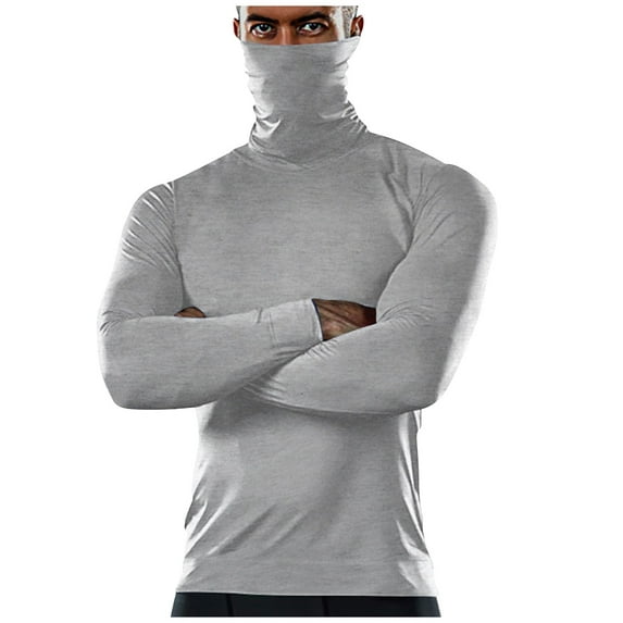 Men's Thermal Compression Shirts with Mask Long Sleeve Winter Sports Base Layer Top Fashion Active Running Shirt Light Gray M