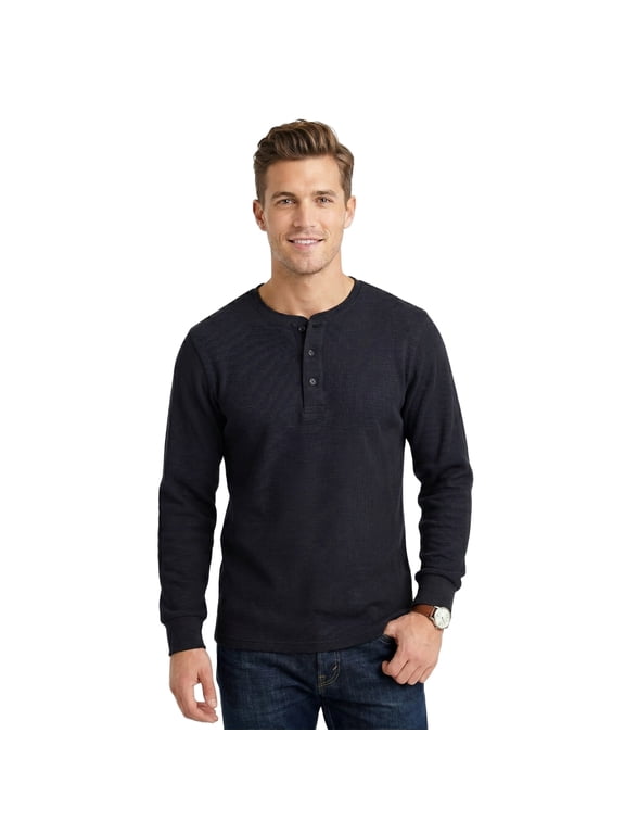 Men's Thermal Cotton Waffle-Knit Long Sleeve Henley Shirt, Black, Large, 1 Pack