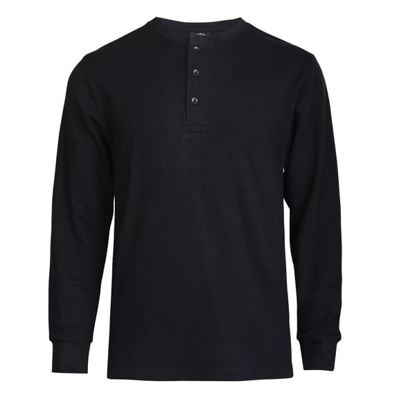 Men's Thermal Cotton Waffle-Knit Long Sleeve Henley Shirt, Black L, 1 Pack