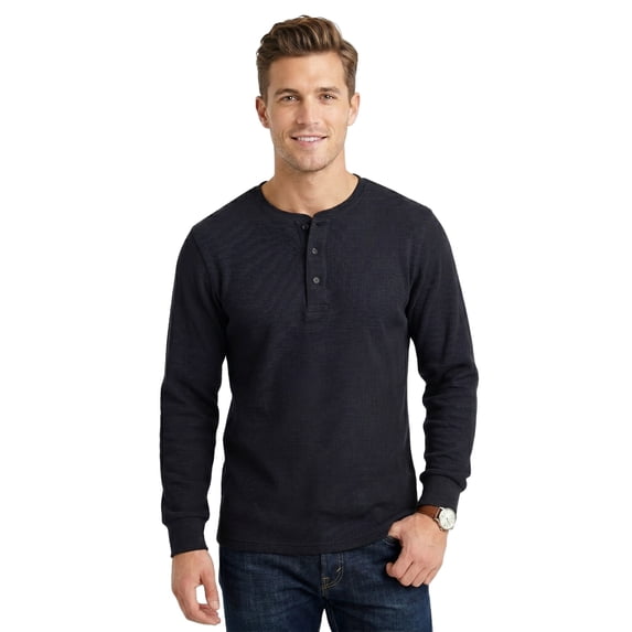 Men's Thermal Cotton Waffle-Knit Long Sleeve Henley Shirt, Black L, 1 Pack