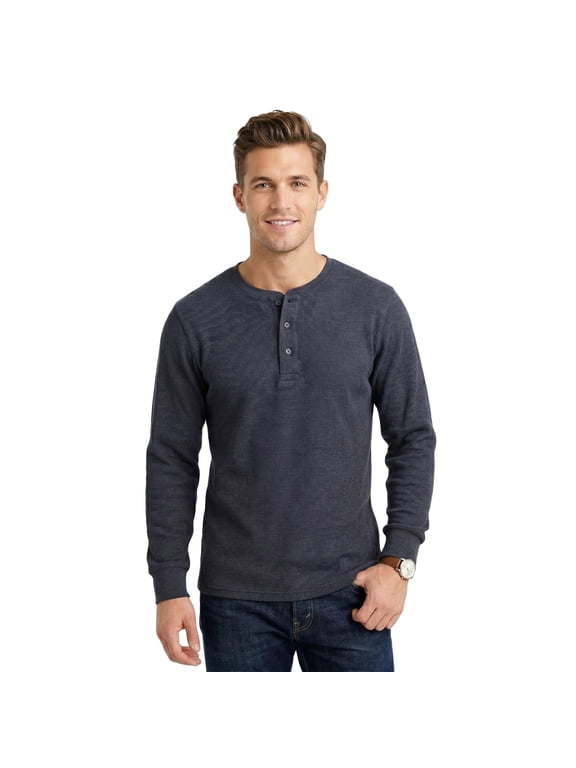 Men's Thermal Cotton Waffle-Knit Long Sleeve Henley Shirt, Charcoal Gray, Large, 1 Count, 1 Pack