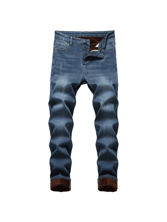 Men's Thermal Fleece Lined Jeans Winter Slim Fit Thicken Stretch Warm Denim Pants Blue 30