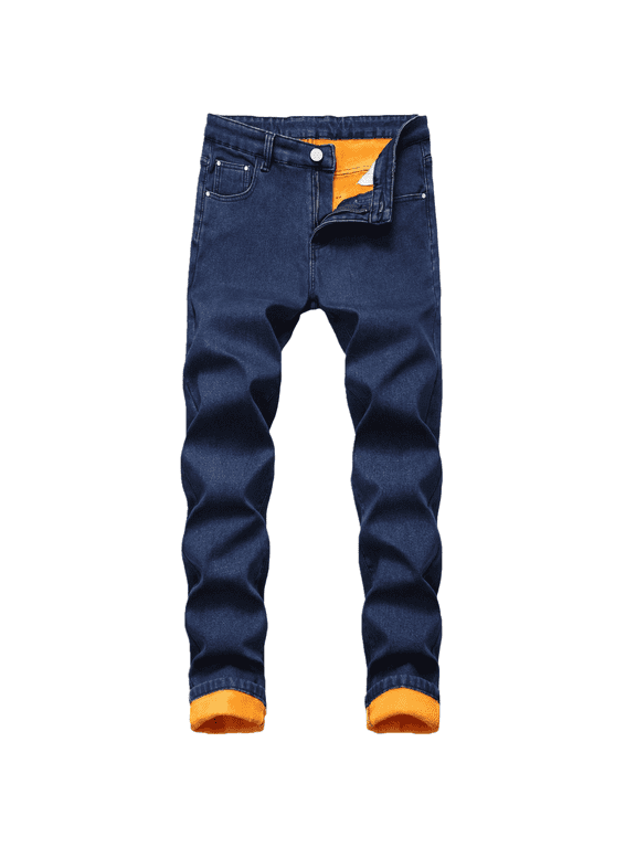 Men's Thermal Fleece Lined Jeans Winter Slim Fit Thicken Stretch Warm Denim Pants Dark Blue 38