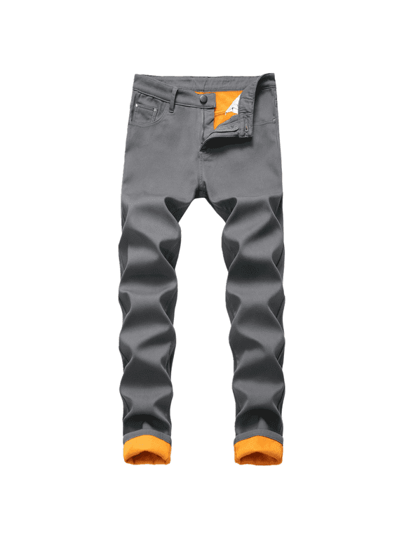 Men's Thermal Fleece Lined Jeans Winter Slim Fit Thicken Stretch Warm Denim Pants Grey 30