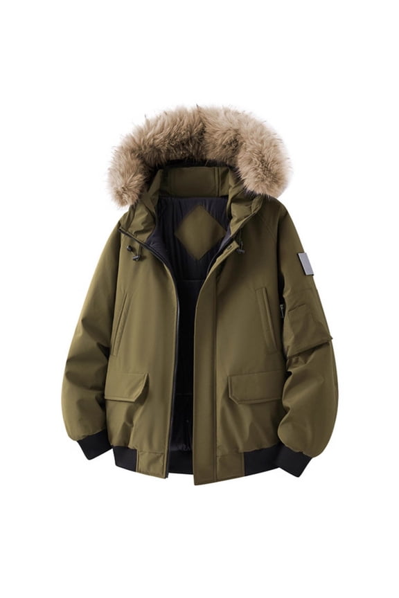Men's Thermal Hooded Jacket Fall Winter Long Sleeve Full Zip Casual Faux Fur Collar Warm Jackets Coats (XXL, Army Green)