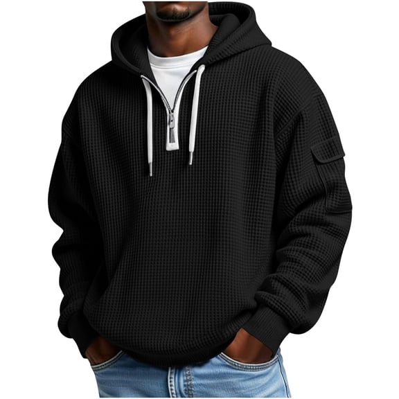 Men's Thermal Hoodie Long Sleeve Solid Drawstring Pullover Top with Pockets Black 4XL