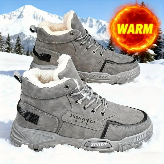 Men's Thermal Insulated Winter Snow Boots with Plush Fleece Lining & Striped Design - Beige/Brown Upper, Lace-Up Ankle Support, Cushioned Insole & Non-Slip PVC Sole for Outdoor Hiking, Casual & Daily