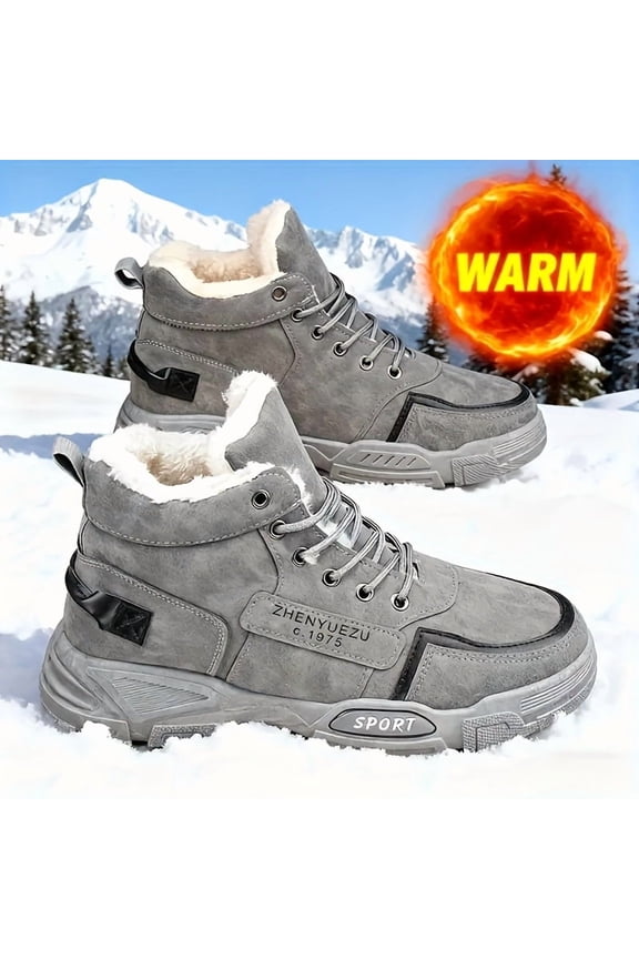 Men's Thermal Insulated Winter Snow Boots with Plush Fleece Lining & Striped Design - Beige/Brown Upper, Lace-Up Ankle Support, Cushioned Insole & Non-Slip PVC Sole for Outdoor Hiking, Casual & Daily