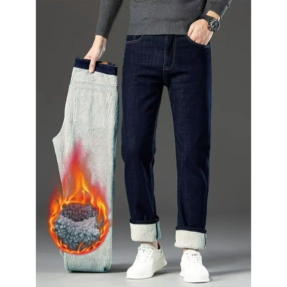 Men's Thermal Jeans – Thick Winter Edition Loose Straight Fit Dark Blue Denim