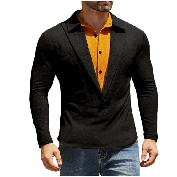 Men's Thermal Knit Shirt Button Collar Long Sleeve Color Block Pullover Tee Black S