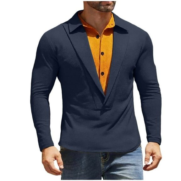 Men's Thermal Knit Shirt Button Collar Long Sleeve Color Block Pullover Tee Navy L
