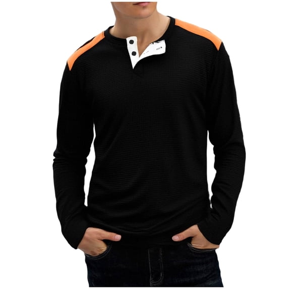 Men's Thermal Knit Shirt Long Sleeve Crewneck Button Collar Color Block Pullover Tee Black 3XL