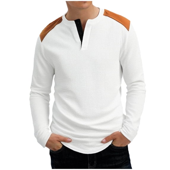 Men's Thermal Knit Shirt Long Sleeve Crewneck Button Collar Color Block Pullover Tee White S