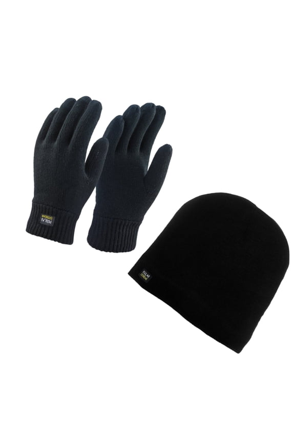 Men's Thermal Knit Winter Gloves And Beanie Set With Polar Fleece Lining- Winter Gloves & Hat Set (Black)
