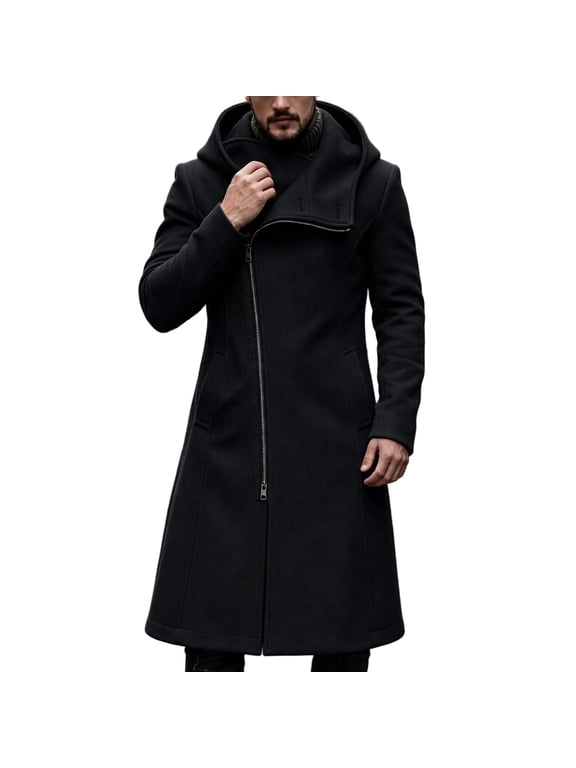 Men's Thermal Long Hooded Winter Trench Coat Wool Blend Overcoat Business Casual Zipper Jacket Outwear with Button Windproof Hood Collar