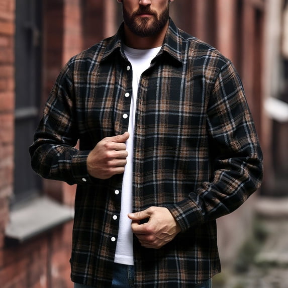 Men's Thermal Plaid Shirt Long Sleeve Lapel Button Down Cardigan Tee Black-1 2XL