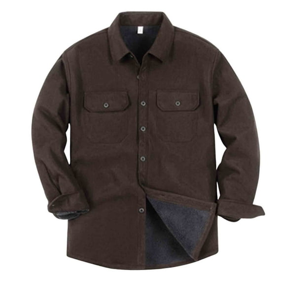 Men's Thermal Shirt Fleece Lined Lapel Collar Long Sleeve Button Down Corduroy Shirts Coat Workwear with Flap Pocket (XL, Coffee)