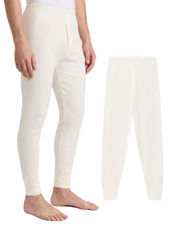 Men's Thermal Underwear Pants, Single Pack, Waffle Ribbed Long Johns Lightweight Warm Base Layer Bottoms, Soft Thermal Leggings for Home & Daily Wear, Cream White, L