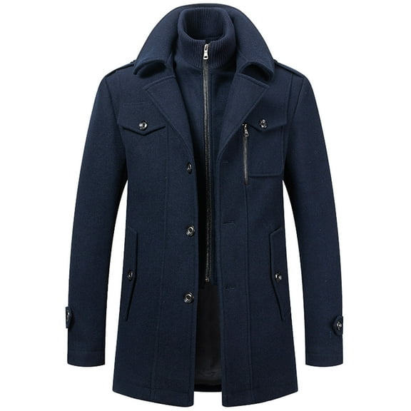 Men's Thermal Wool Blend Business Peacoat, Single- with Detachable Zipper, Autumn Winter Windbreaker