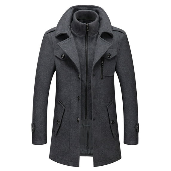 Men's Thermal Wool Blend Business Peacoat, Single- with Detachable Zipper, Autumn Winter Windbreaker
