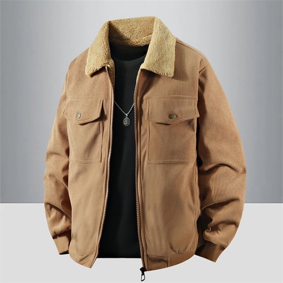 Men's Thick Corduroy Jacket Lamb Wool Velvet Accent Long Sleeve Casual Stand Collar Autumn Outerwear