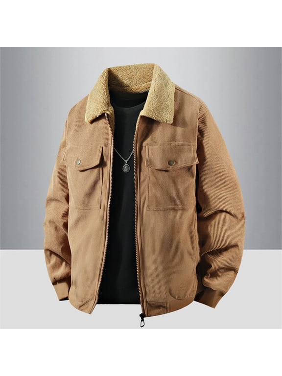 Men's Thick Corduroy Jacket Lamb Wool Velvet Accent Long Sleeve Casual Stand Collar Autumn Outerwear