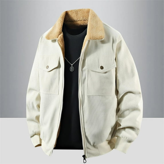 Men's Thick Corduroy Jacket Lamb Wool Velvet Accent Long Sleeve Casual Stand Collar Autumn Outerwear
