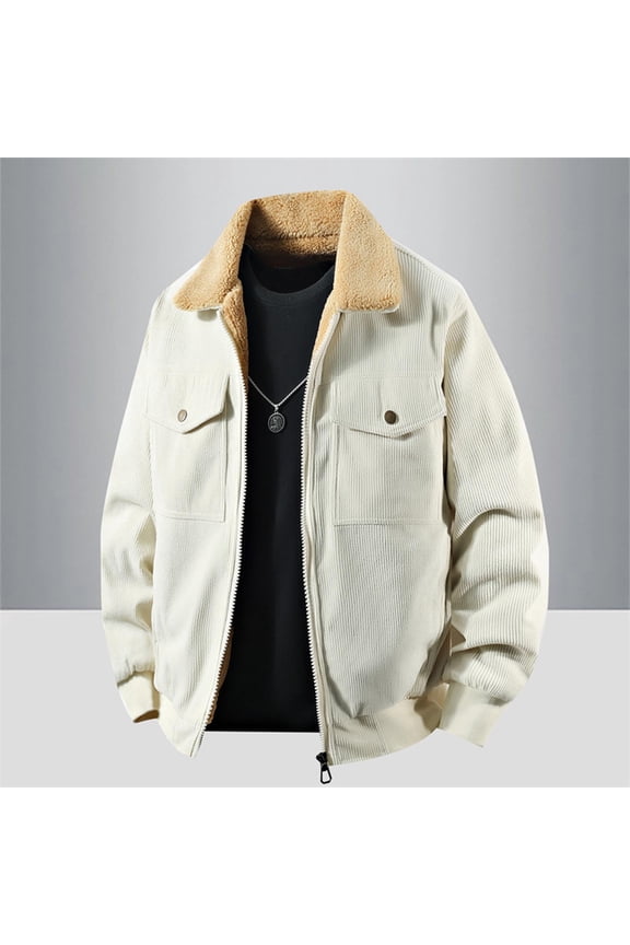 Men's Thick Corduroy Jacket Lamb Wool Velvet Accent Long Sleeve Casual Stand Collar Autumn Outerwear