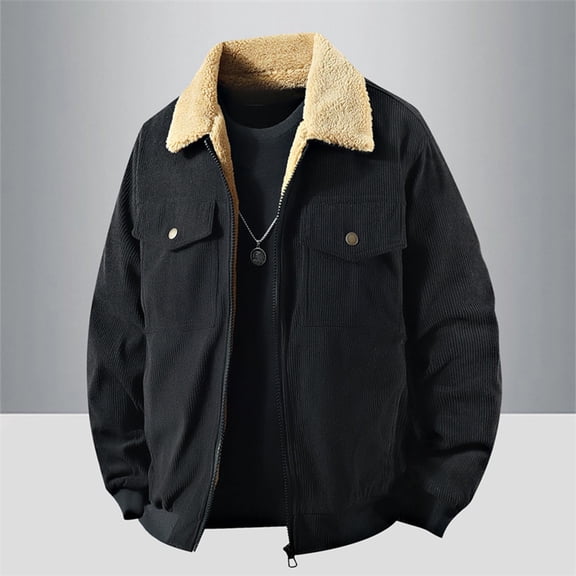 Men's Thick Corduroy Jacket Lamb Wool Velvet Accent Long Sleeve Casual Stand Collar Autumn Outerwear