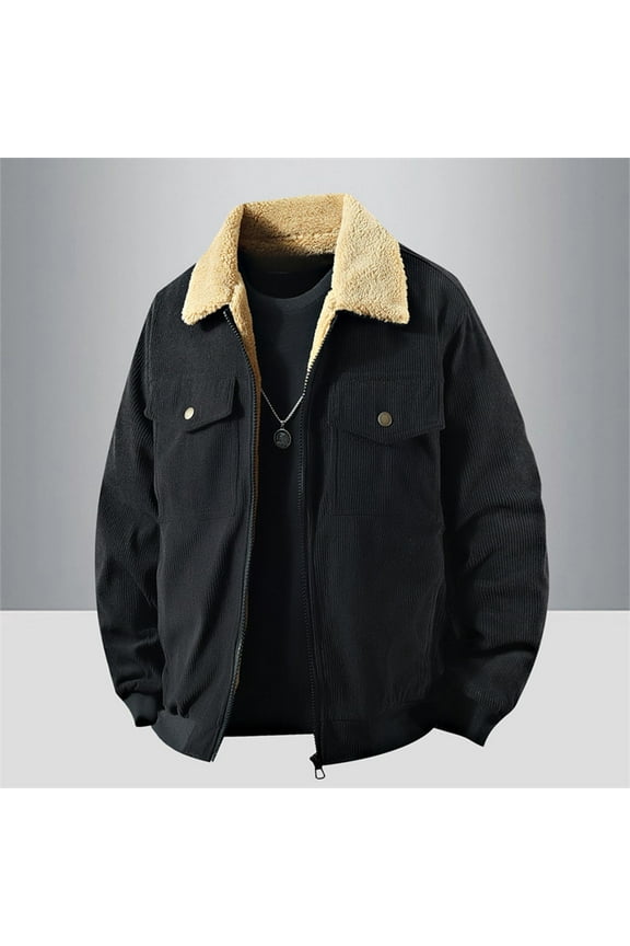 Men's Thick Corduroy Jackets, Winter Thermal Warm Fleece Lined Coat, Zip up Trucker Work Outwear Jacket Black 4XL