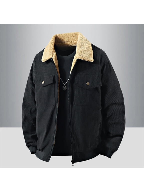 Men's Thick Corduroy Jackets, Winter Thermal Warm Fleece Lined Coat, Zip up Trucker Work Outwear Jacket Black 4XL