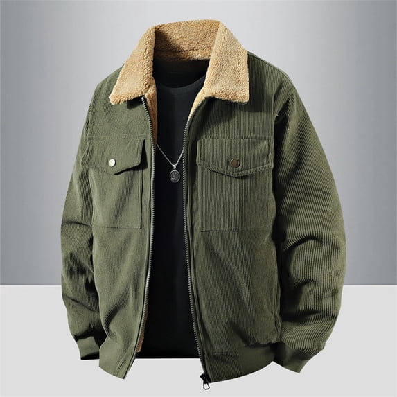 Men's Thick Corduroy Jackets, Winter Thermal Warm Fleece Lined Coat, Zip up Trucker Work Outwear Jacket Green XXL