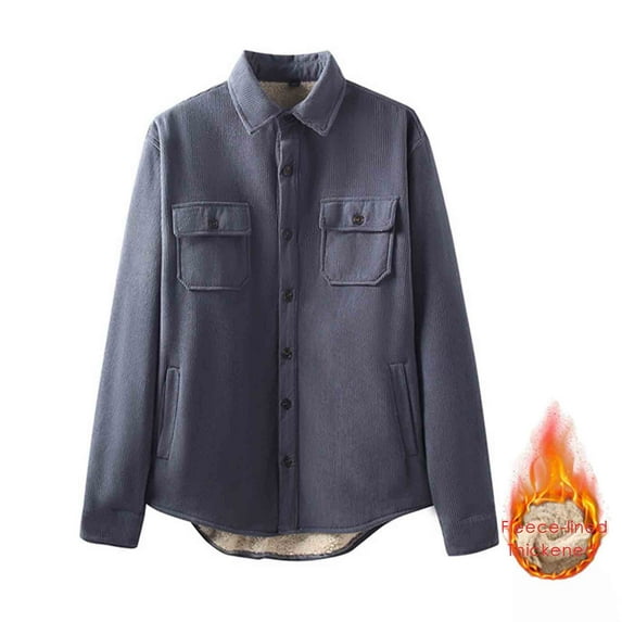Men's Thick Fleece Lined Shirt Jacket Solid Long Sleeve Button Down Lapel Cardigan Cargo Coat with Pockets Navy XL