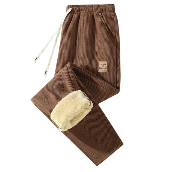 Men's Thick Fleece Winter Corduroy Pants Heavyweight Warm Sherpa Lined Athletic Jogger Sweatpants with Pockets Brown