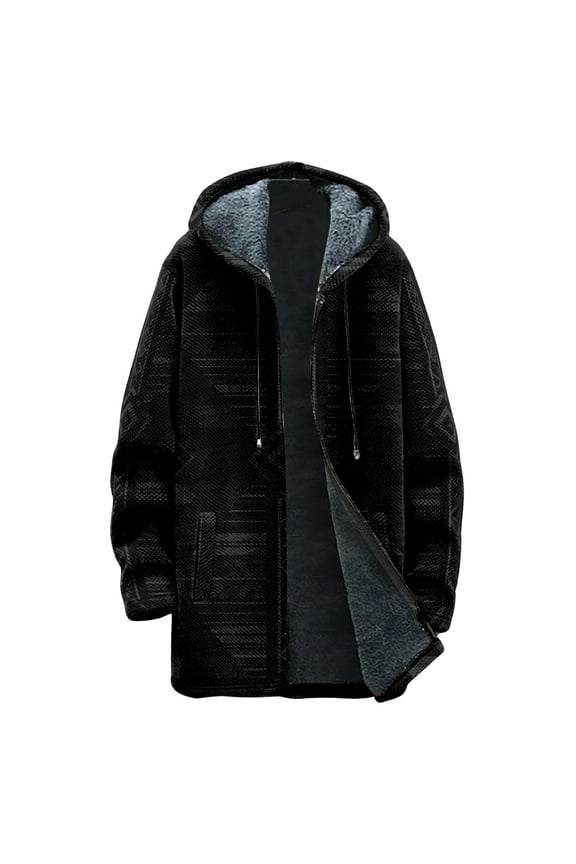 Men's Thick Hooded Jacket, Retro Plaid Print Zipper Pocket Long Cotton Coat for Outdoor Winter Wear and Holiday Season,Black,L