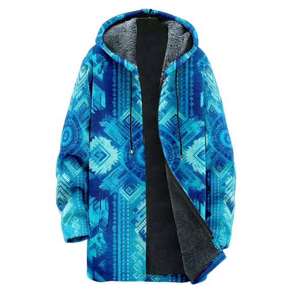 Men's Thick Hooded Jacket, Retro Plaid Print Zipper Pocket Long Cotton Coat for Outdoor Winter Wear and Holiday Season,Blue,3XL